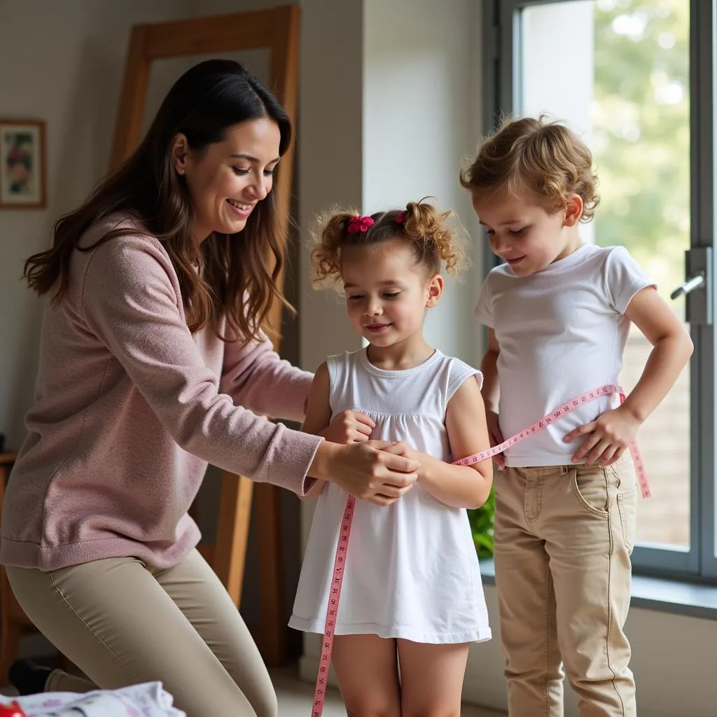 A parent carefully measuring a child for a sewing project