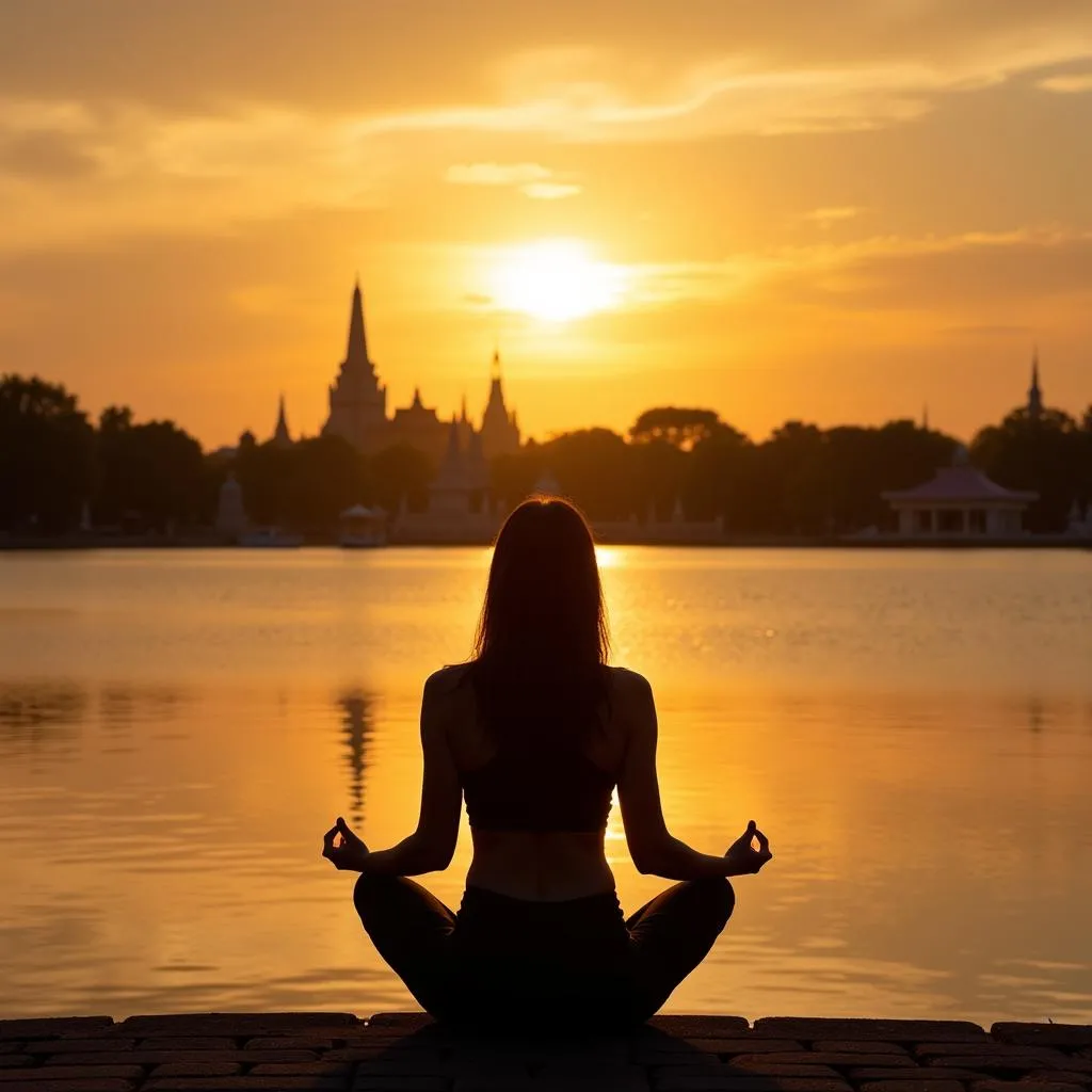 Meditating by Hoan Kiem Lake at sunrise