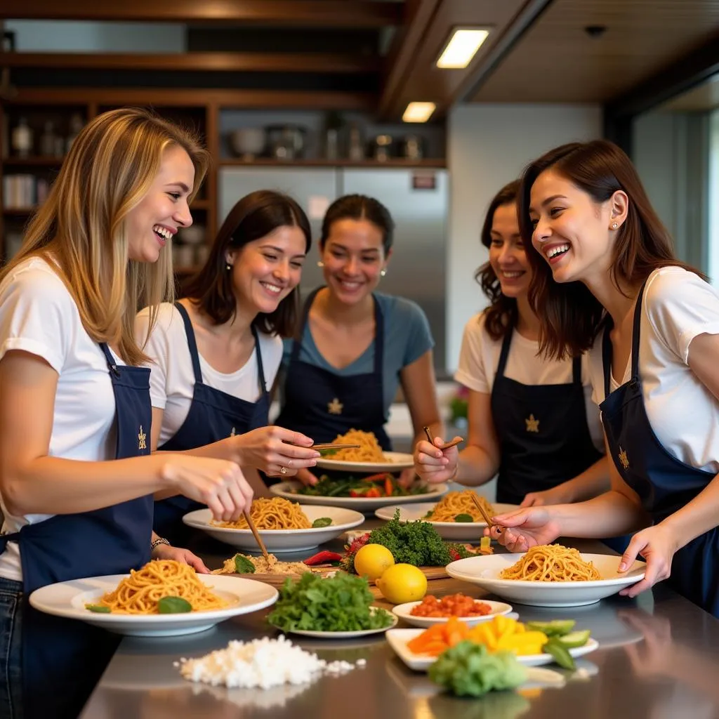 Travelers connecting at a Thai cooking class