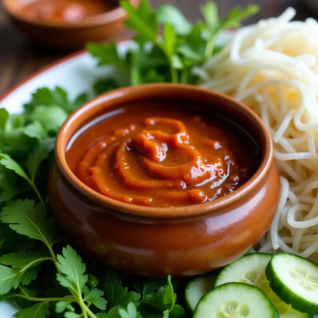 A bowl of Meo Tom served with fresh vegetables and rice noodles