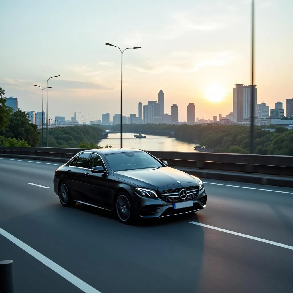 Mercedes Benz driving through Hanoi cityscape