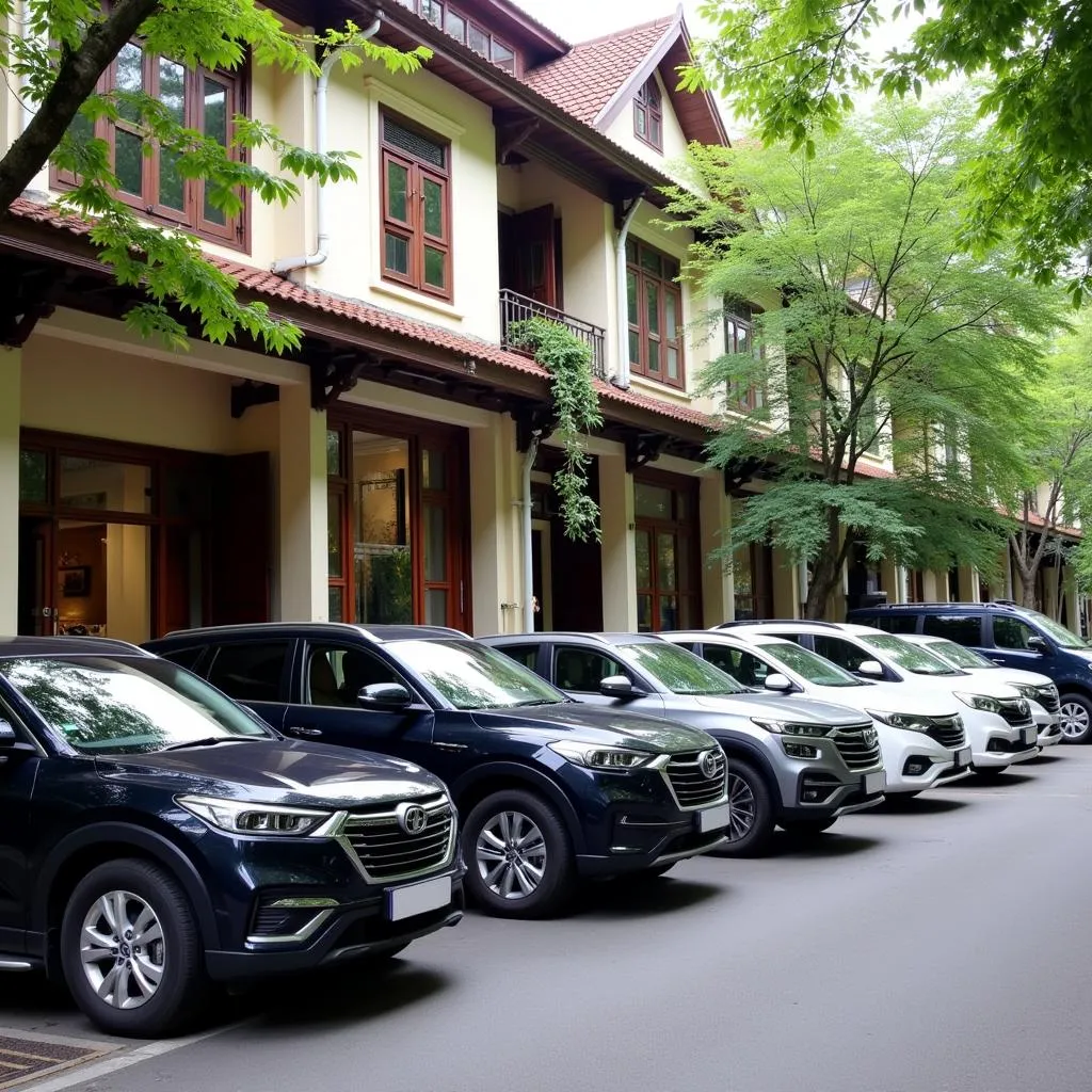 Modern family cars available for rent parked on a Hanoi street