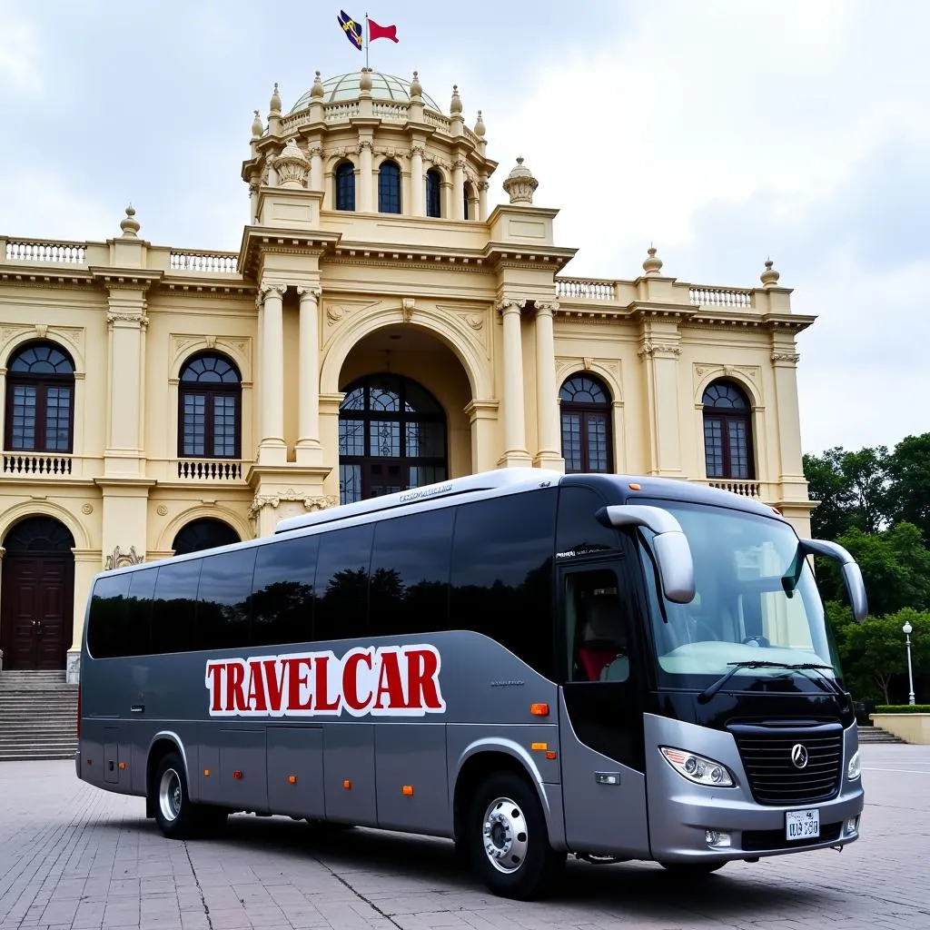 Modern tourist bus parked in front of the Hanoi Opera House