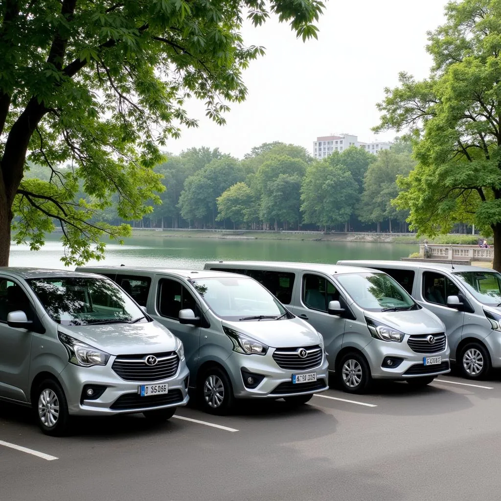 Modern tourist vans parked near Hoan Kiem Lake in Hanoi