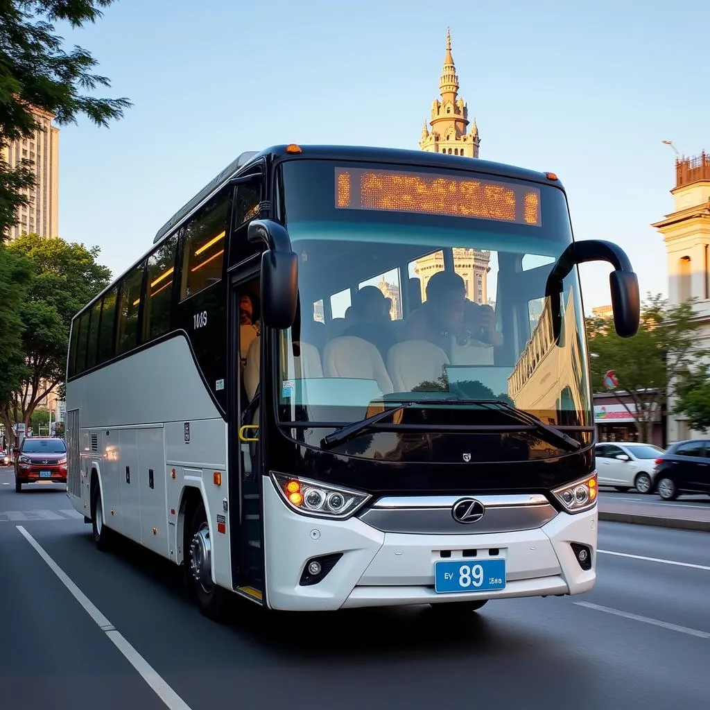 Modern Tourist Bus with License Plate Navigating Hanoi Streets