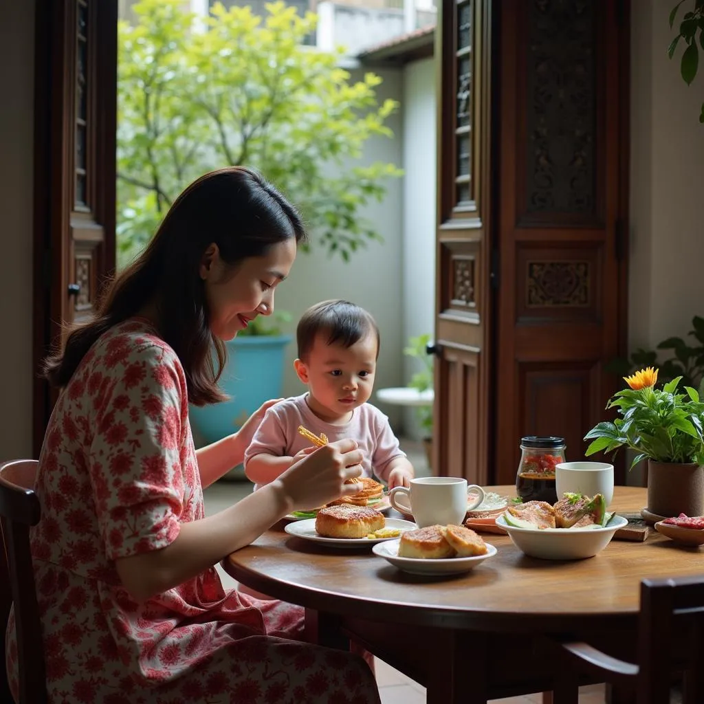 Mother and baby enjoying breakfast in Hanoi