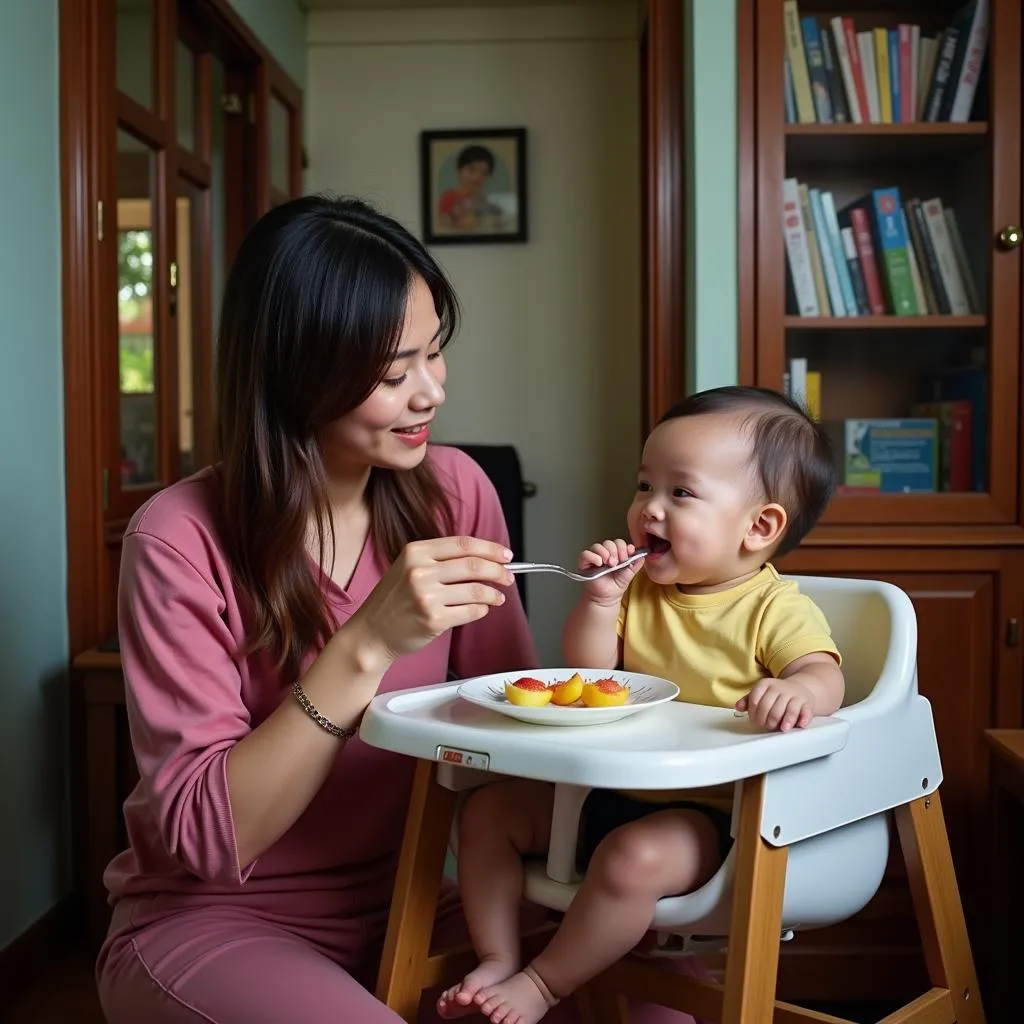 A mother lovingly feeds her baby fruit puree.