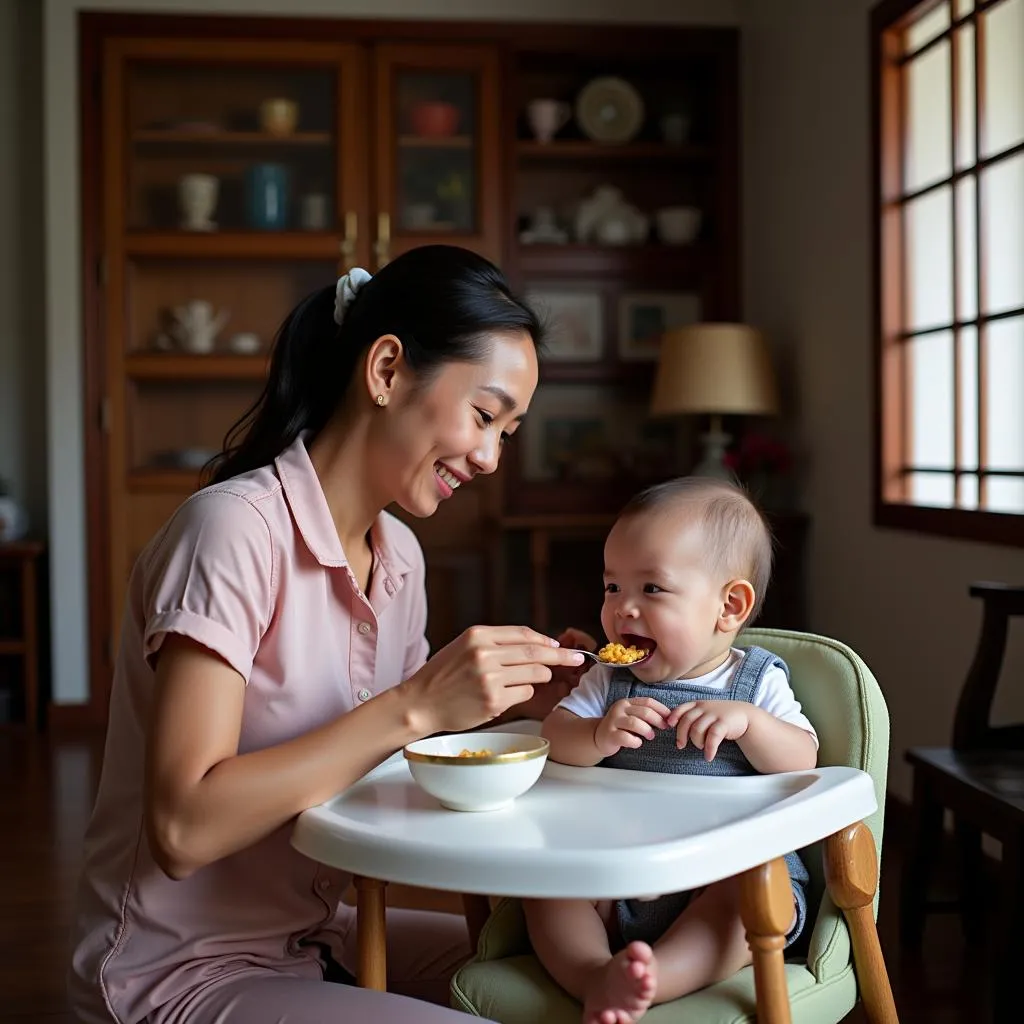 Mother feeding her baby in a Vietnamese home