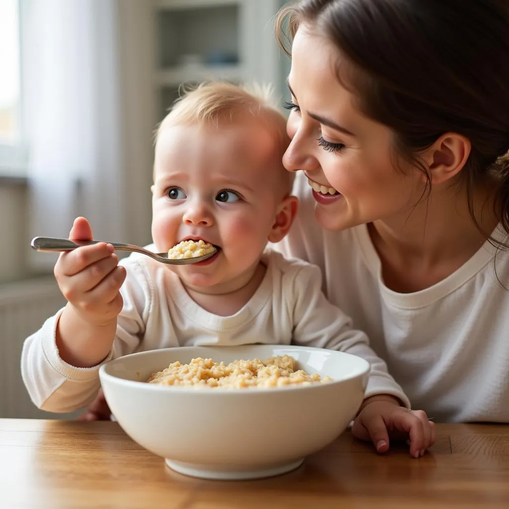 Mother Feeding Her Baby Porridge