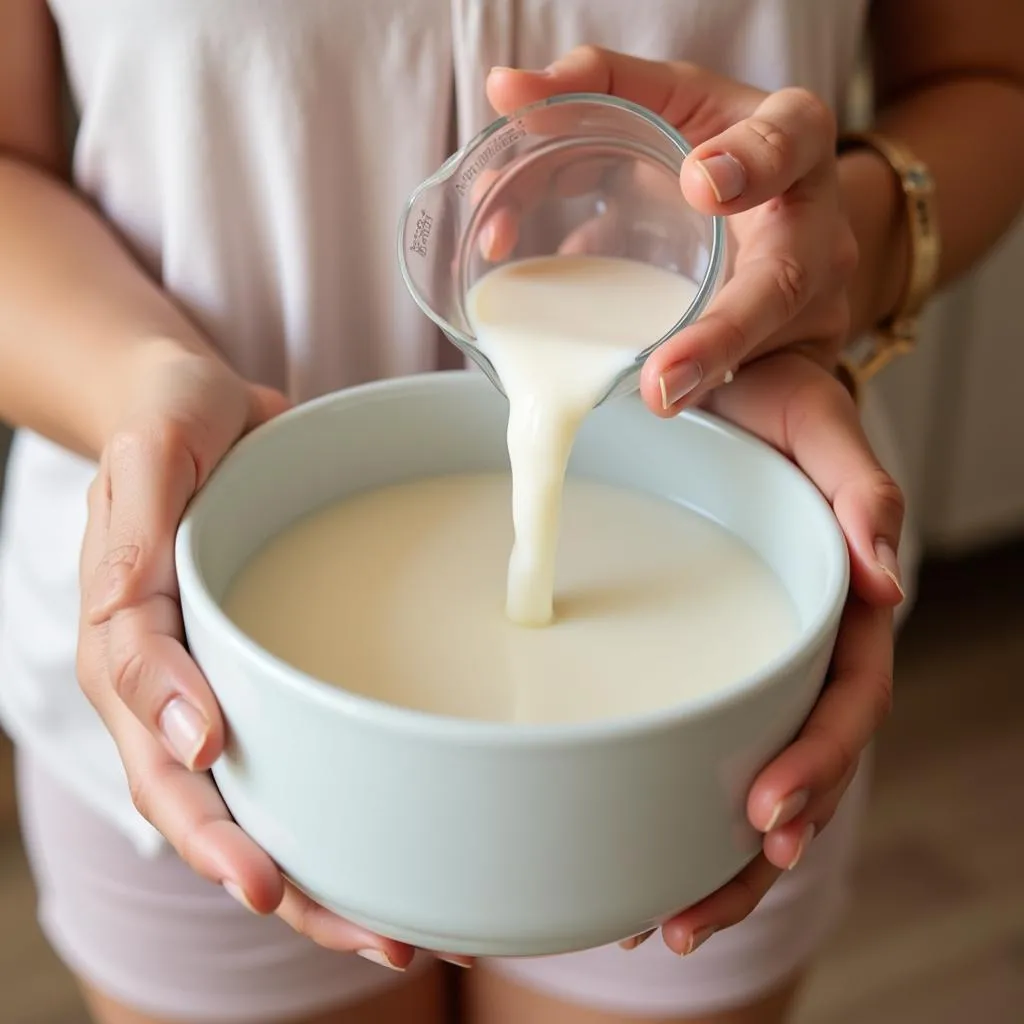 Mother warming breast milk for baby