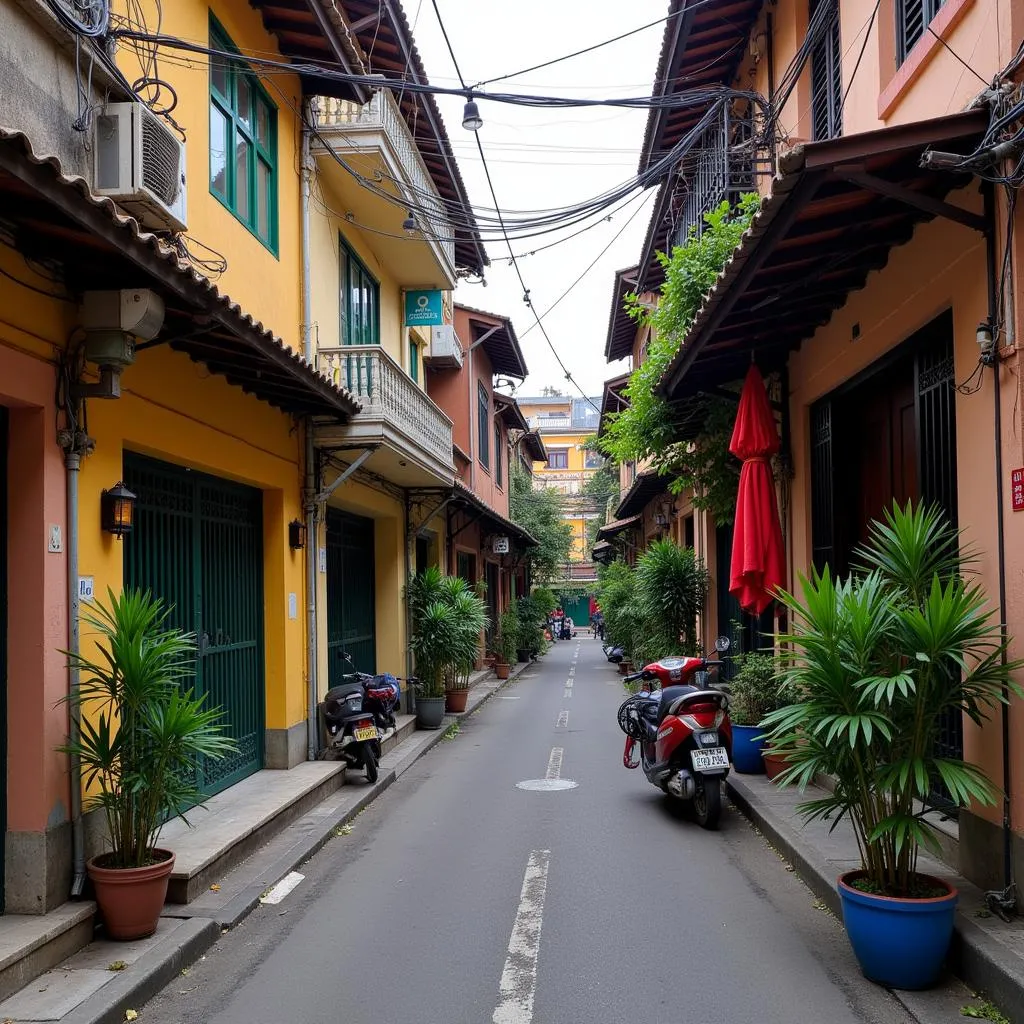 Narrow alleyway in Hanoi Old Quarter with colorful houses