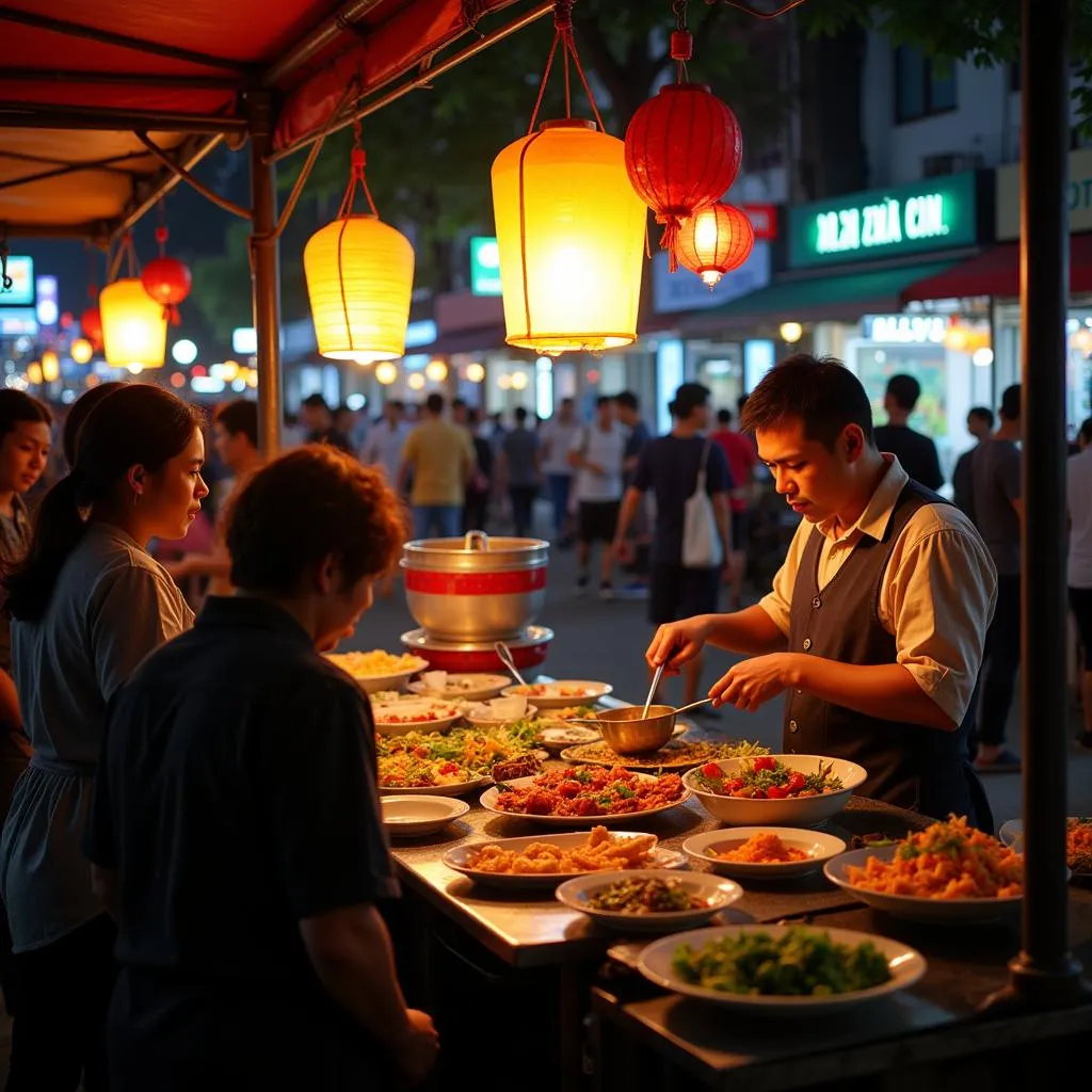 A bustling street food stall in Hanoi serving Nghe An dishes