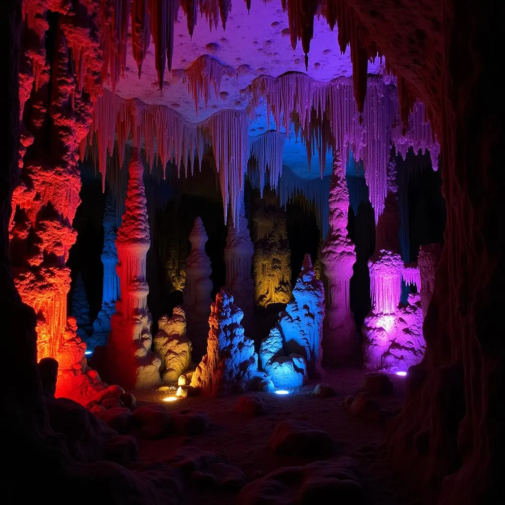 Inside Nguom Ngao Cave with stalactites and stalagmites