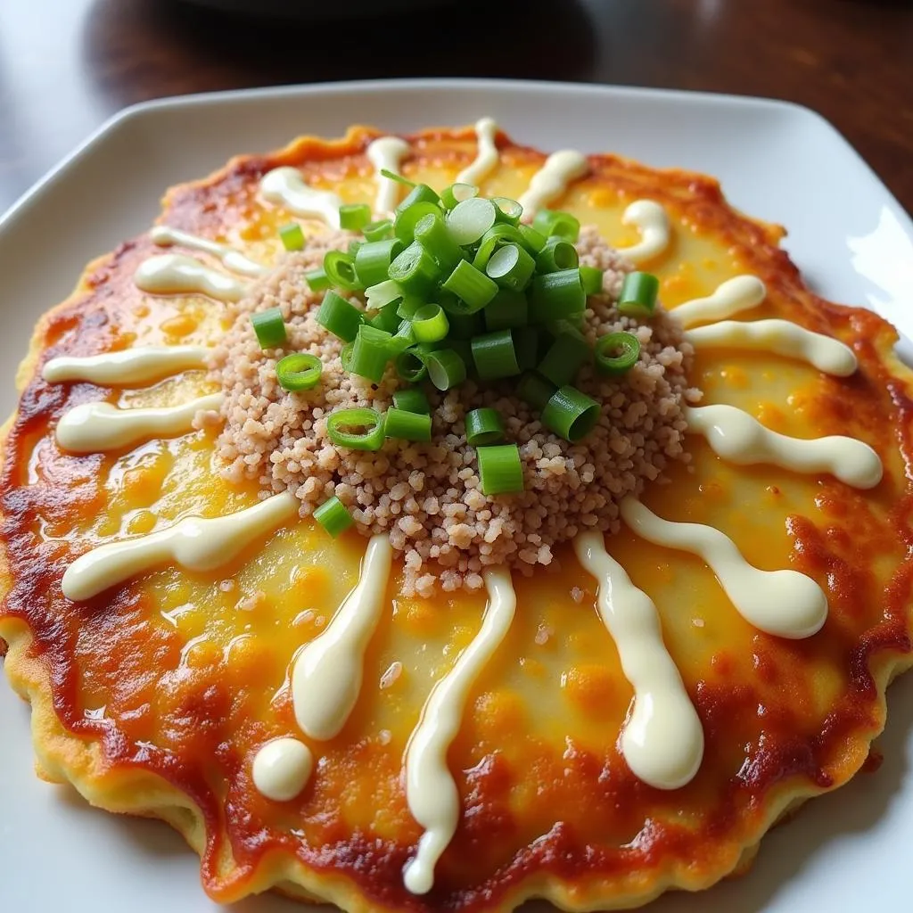 Okonomiyaki, the savory pancake, topped with various sauces and ingredients.