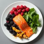 Colorful plate of fruits, vegetables, and fish