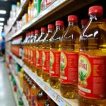 Palm oil bottles neatly arranged on a supermarket shelf