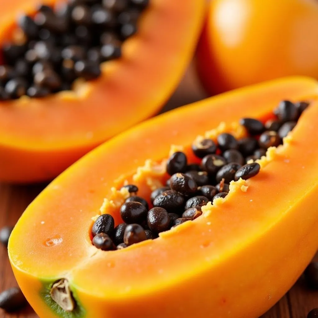 A ripe papaya cut open, revealing its vibrant orange flesh