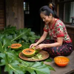 Vietnamese woman preparing papaya leaf juice