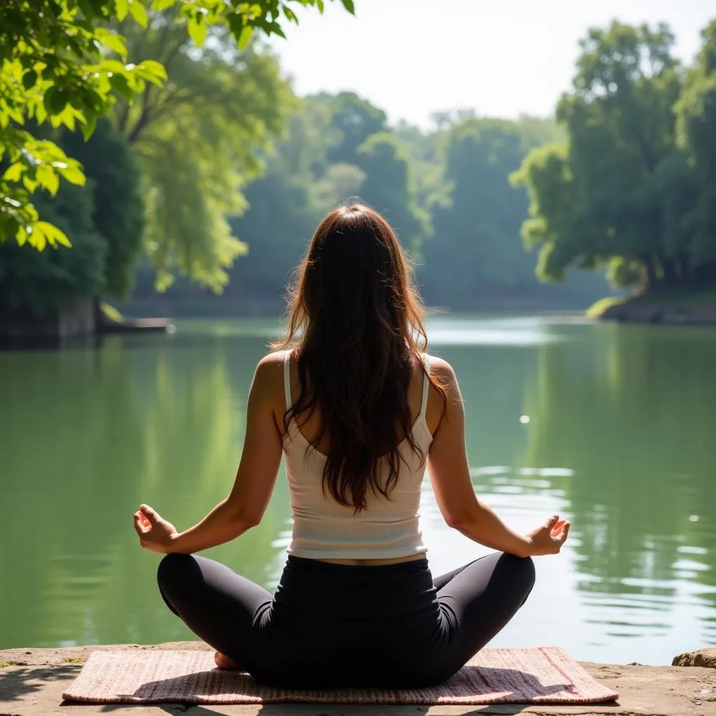 Peaceful Woman Meditating by Hoan Kiem Lake, Hanoi