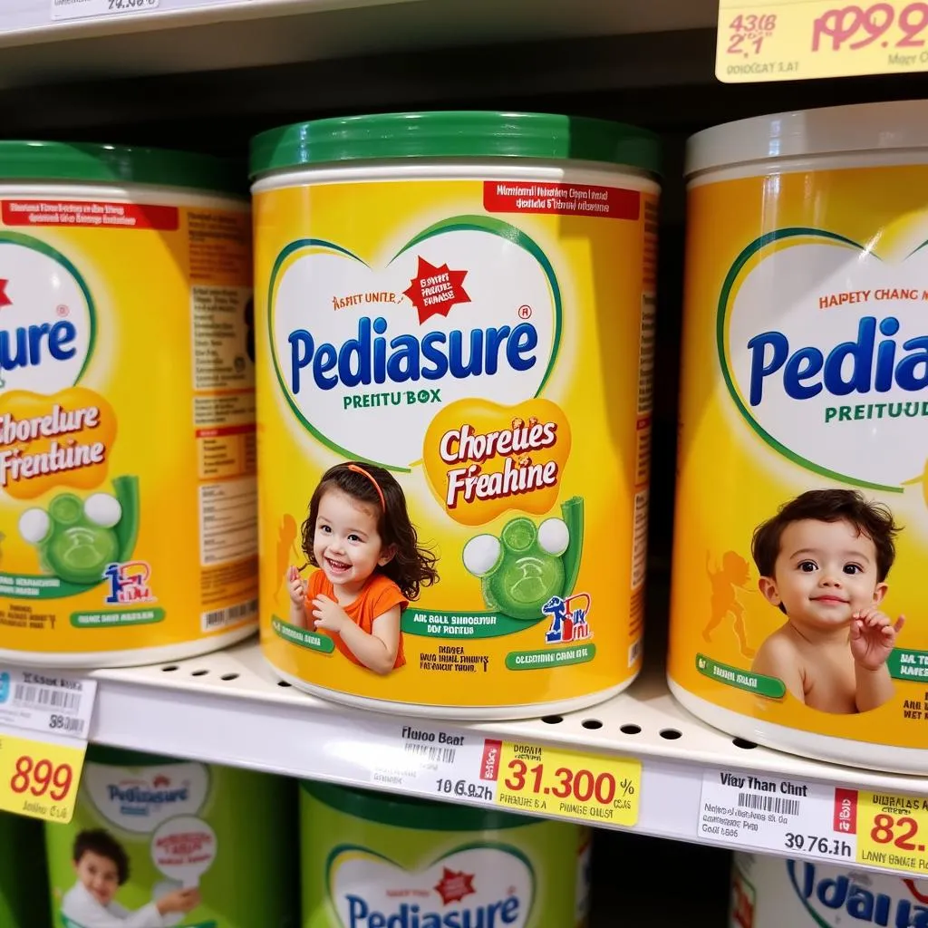 Pediasure prices displayed on a supermarket shelf in Hanoi