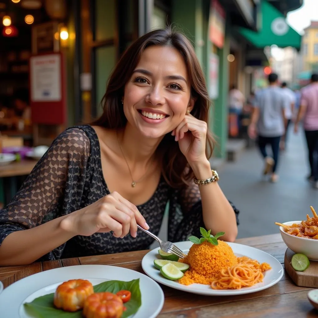 Woman enjoying Vietnamese street food in Hanoi during perimenopause