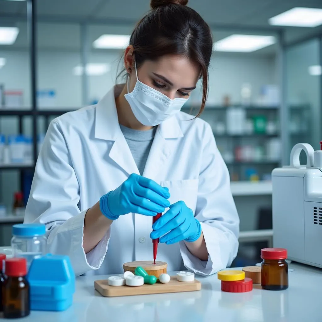 A Vietnamese pharmacy technician engaged in quality control testing at a pharmaceutical company lab