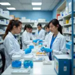 Pharmacy technicians in Vietnam working in a busy hospital pharmacy