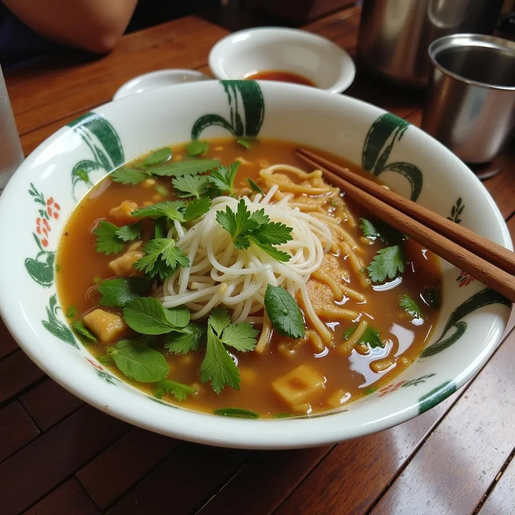 A steaming bowl of pho in Hanoi's Old Quarter