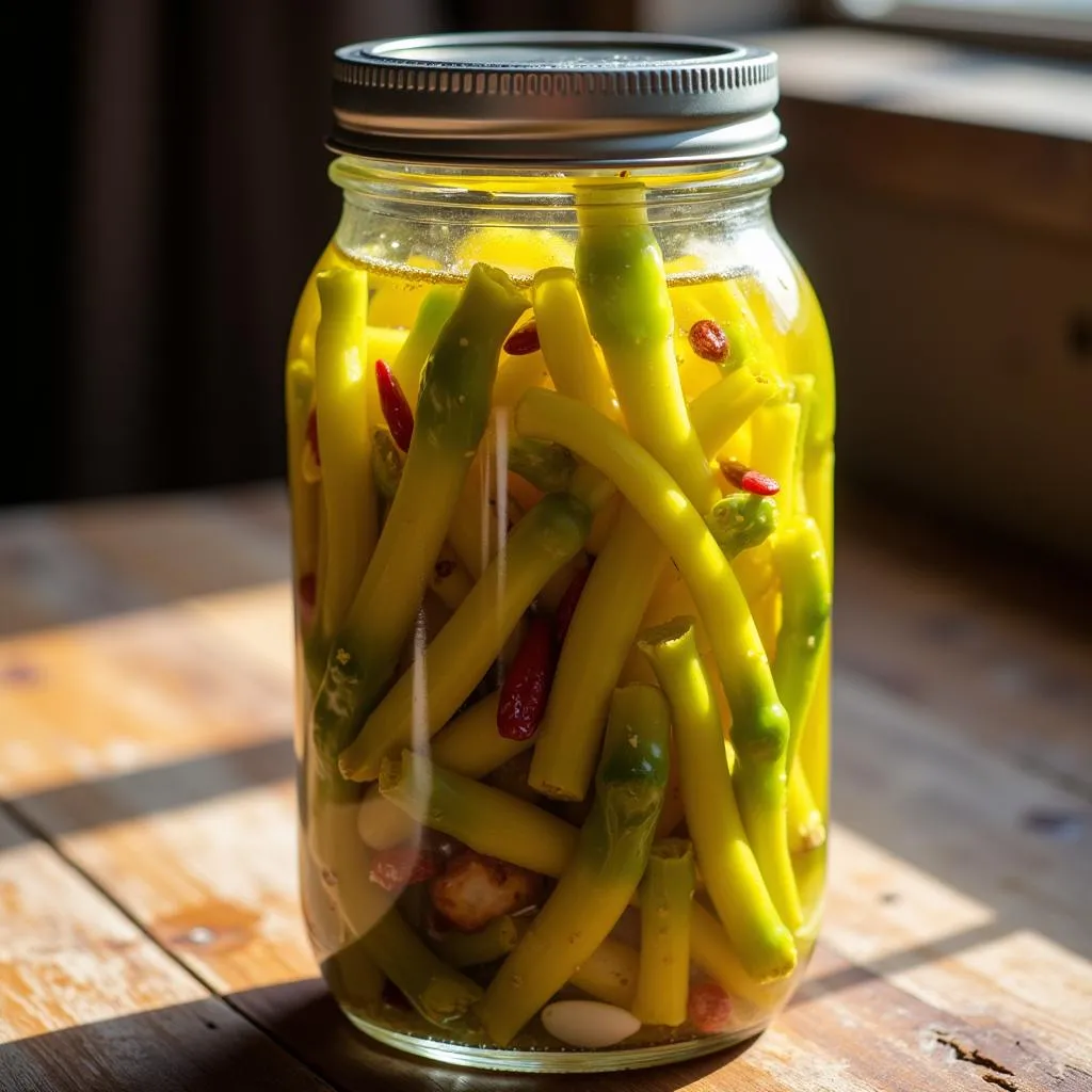 A jar of homemade Vietnamese pickled mustard greens.