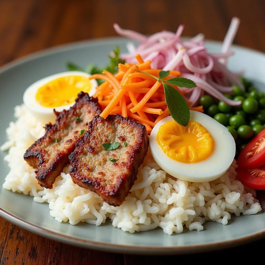 A plate of Com Tam (broken rice) made with ST25 rice, showcasing the dish's vibrant colors and the fluffy texture of the rice.