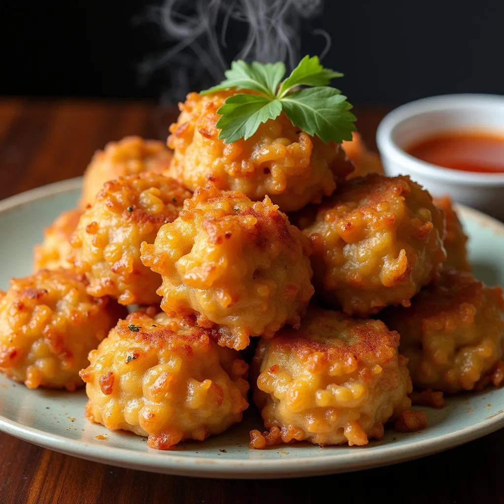 A plate of freshly cooked Moc Vuong served with dipping sauce.