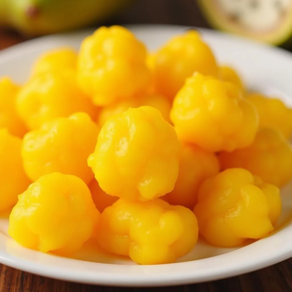 Close-up shot of a plate of ripe jackfruit arils ready to eat