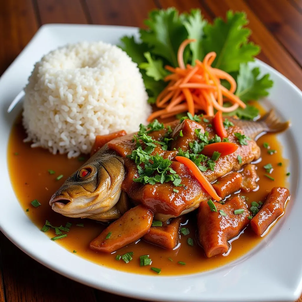 A-platter-of-vietnamese-caramelized-and-braised-fish-served-with-steamed-rice-pickled-vegetables-and-greens