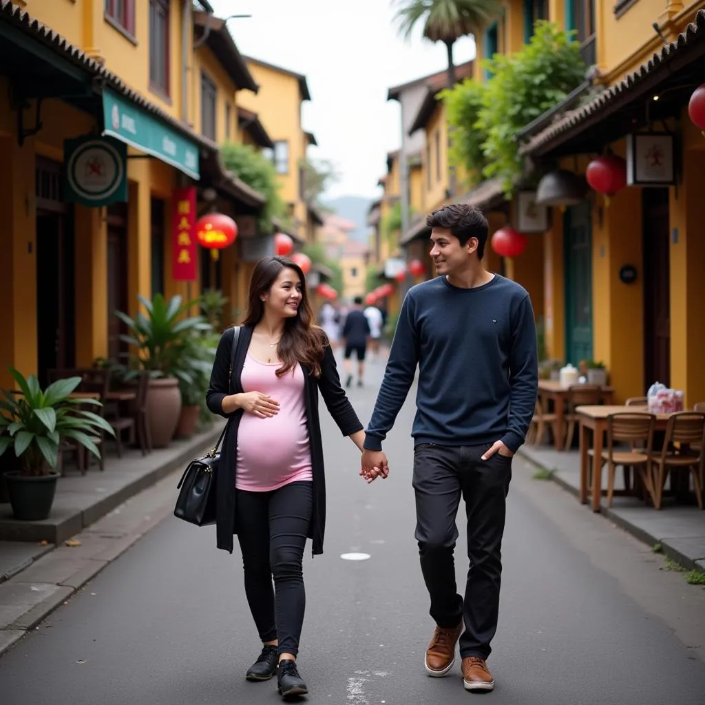 Pregnant couple exploring the Hanoi Old Quarter