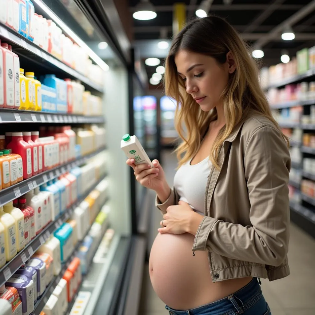 Pregnant woman selecting pasteurized milk