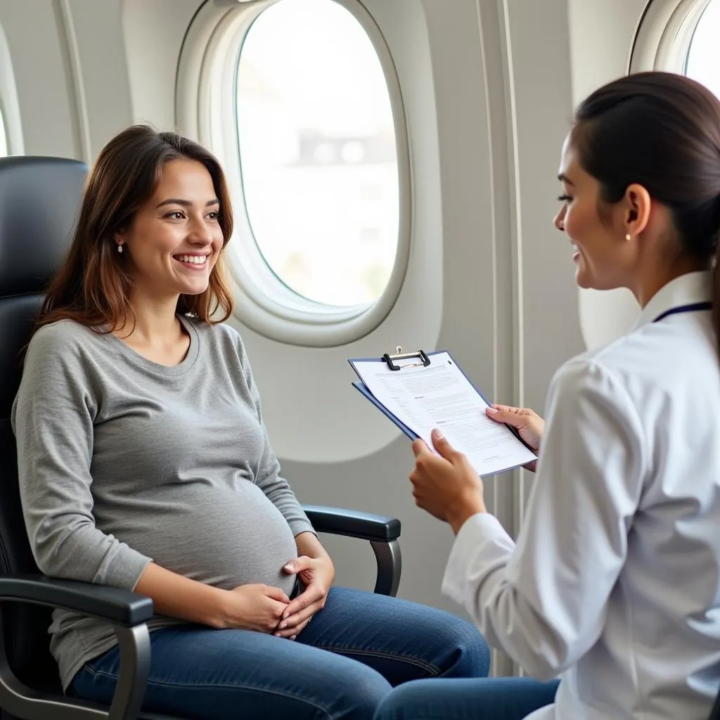 Pregnant woman consulting doctor about travel plans