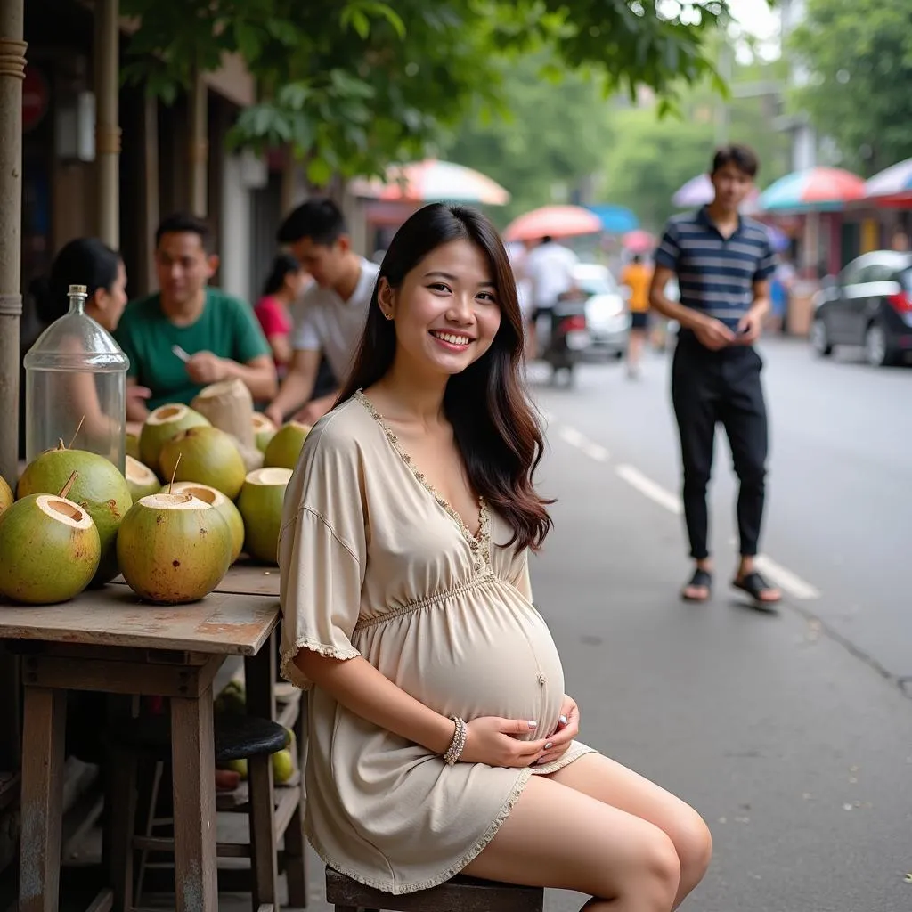 Pregnant woman quenching her thirst with fresh coconut water