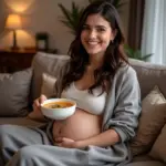 Pregnant woman enjoying a bowl of soup