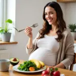 A pregnant woman enjoying a healthy plate of fruits and vegetables