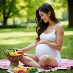 Pregnant woman enjoying healthy foods