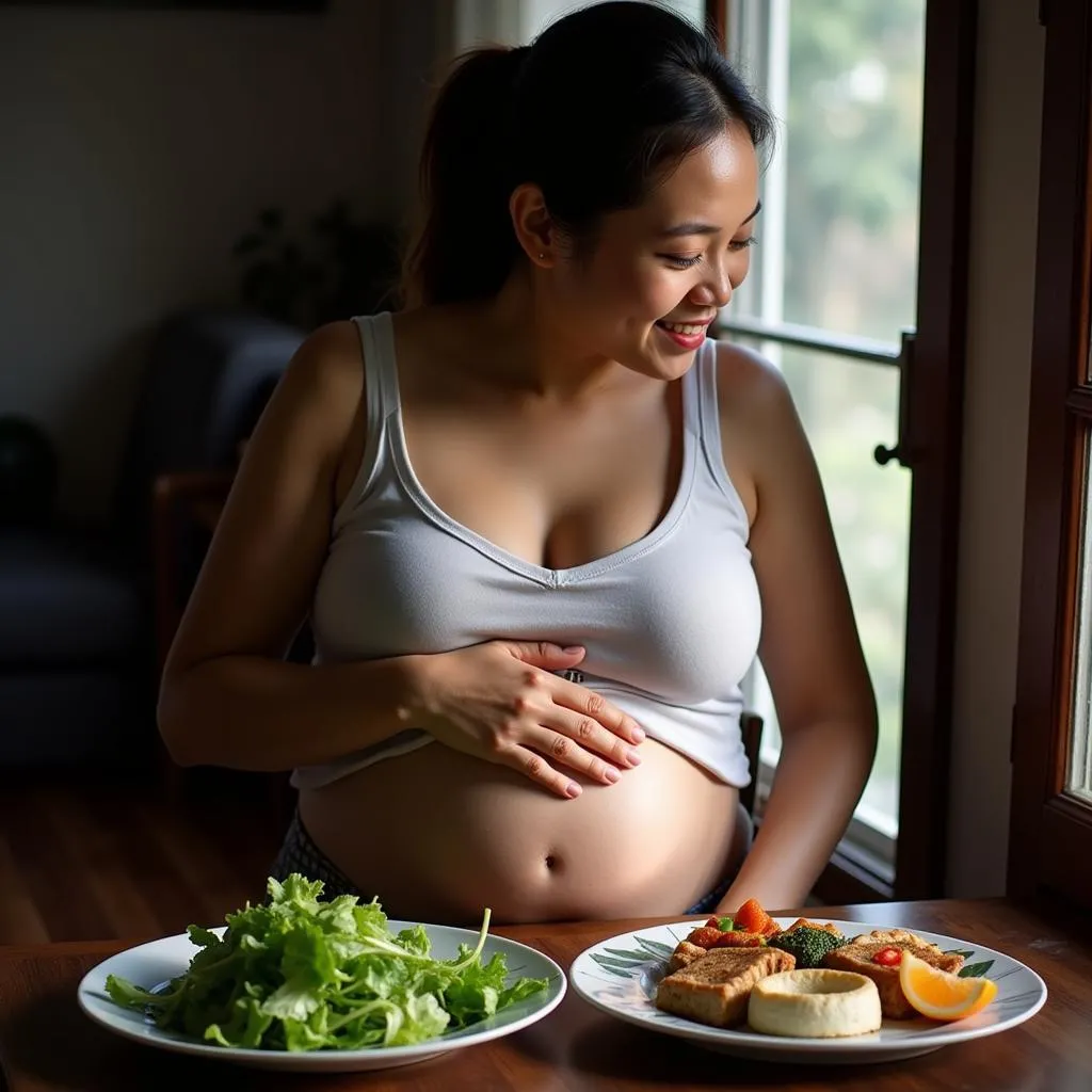 Pregnant woman enjoying a healthy meal in Hanoi