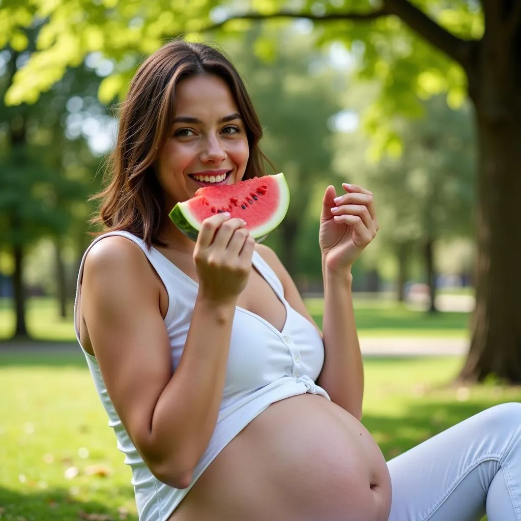 A pregnant woman enjoying a slice of watermelon