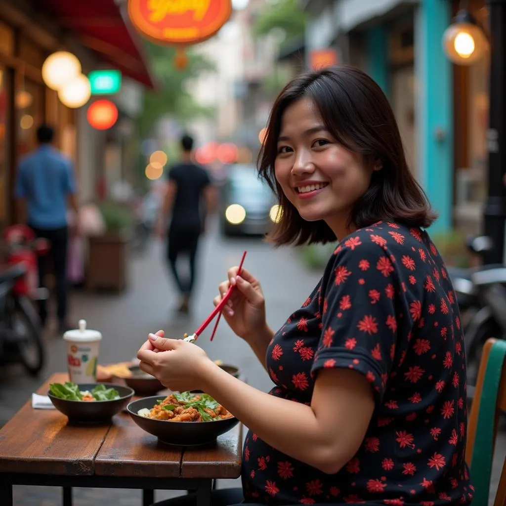 A pregnant woman enjoys Vietnamese street food in Hanoi.