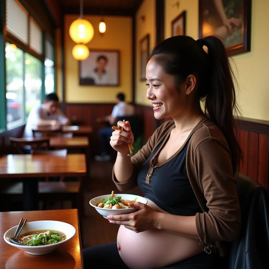 Pregnant woman savoring Vietnamese cuisine