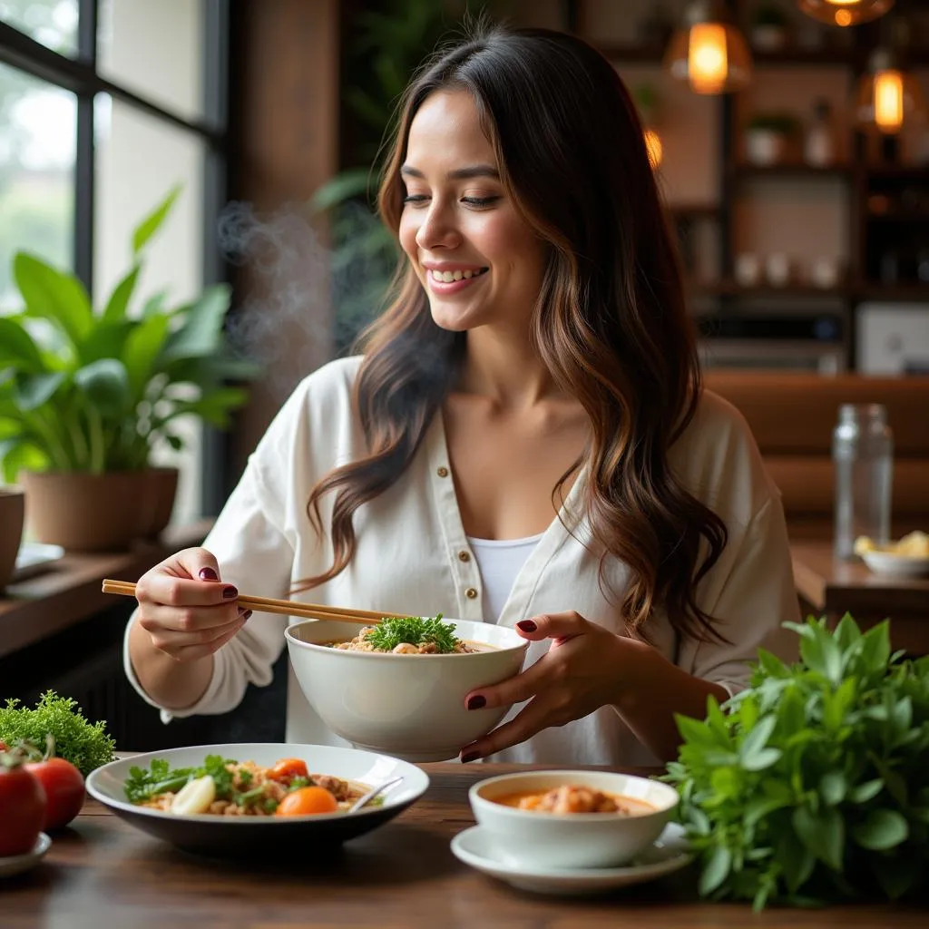 Pregnant Woman Savoring Vietnamese Pho