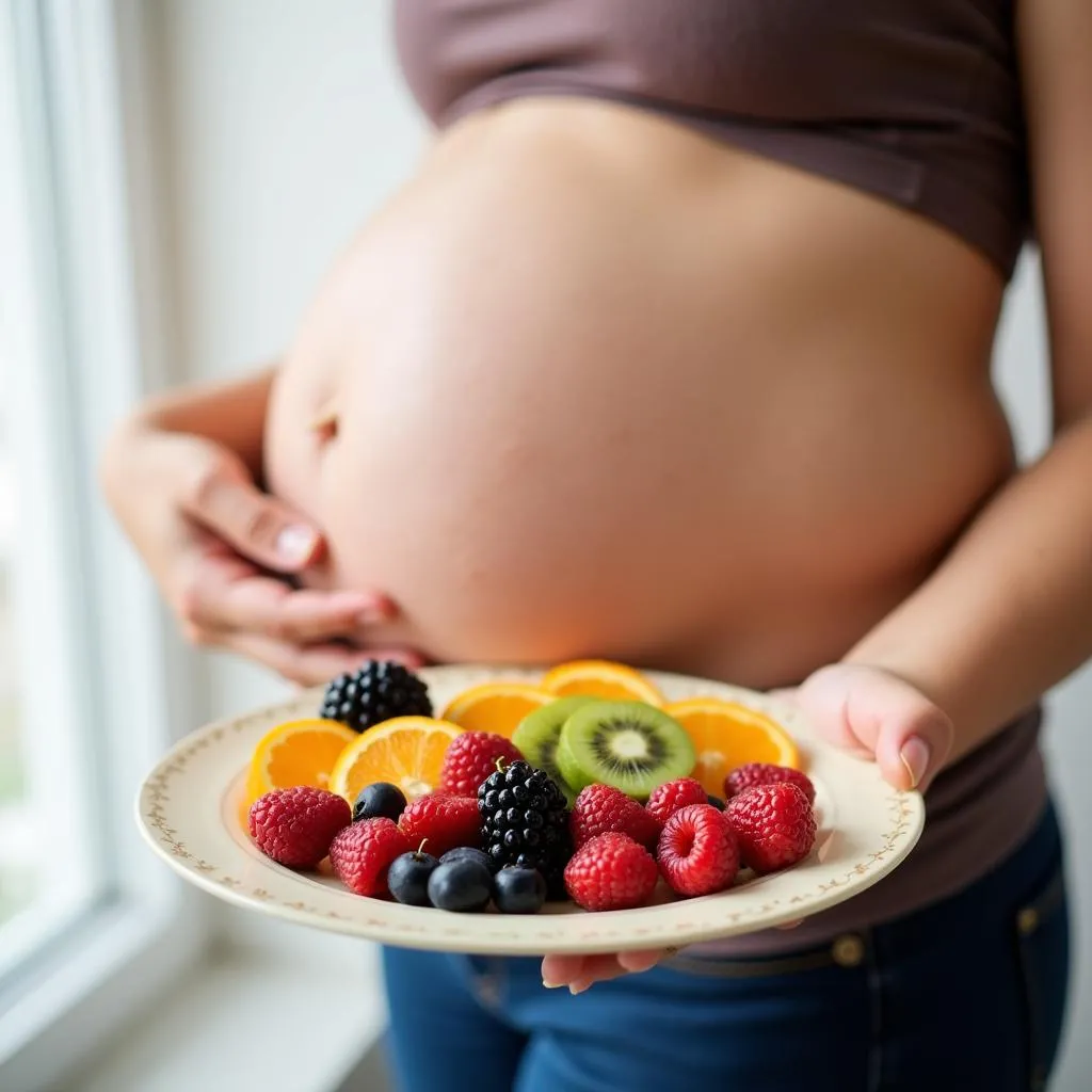 Pregnant woman holding a plate of colorful fruits