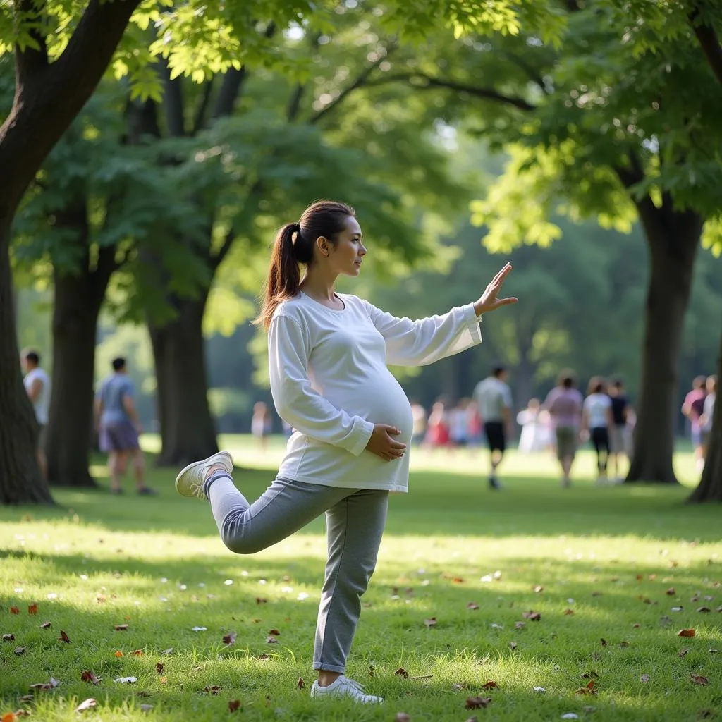 Pregnant Woman Practicing Tai Chi in Hanoi Park