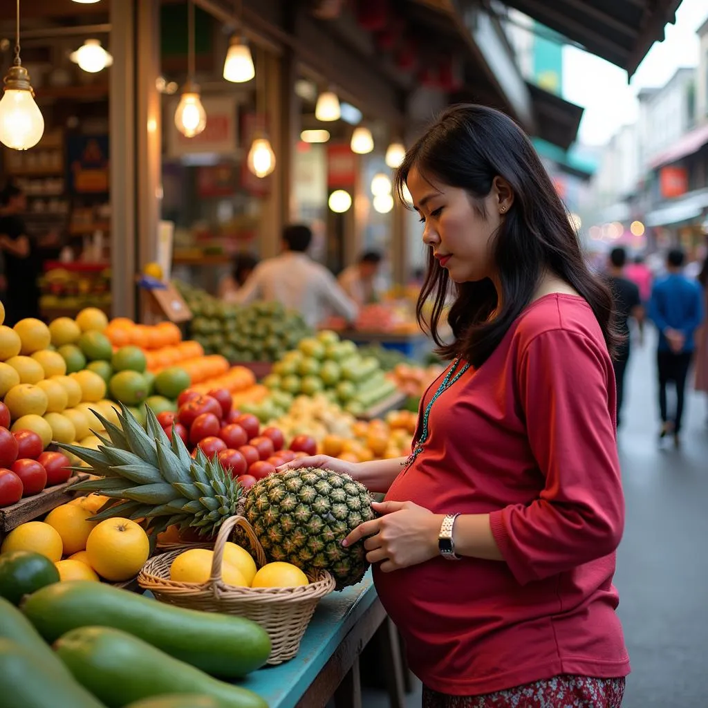 Pregnant woman selecting fresh fruits and vegetables at a bustling Hanoi market