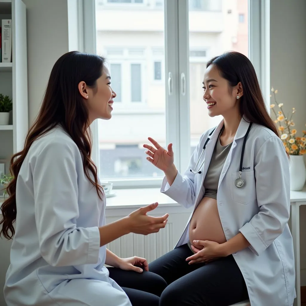 Pregnant Woman Talking to Doctor in Hanoi Clinic