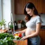 Pregnant Woman Washing Vegetables in Hanoi